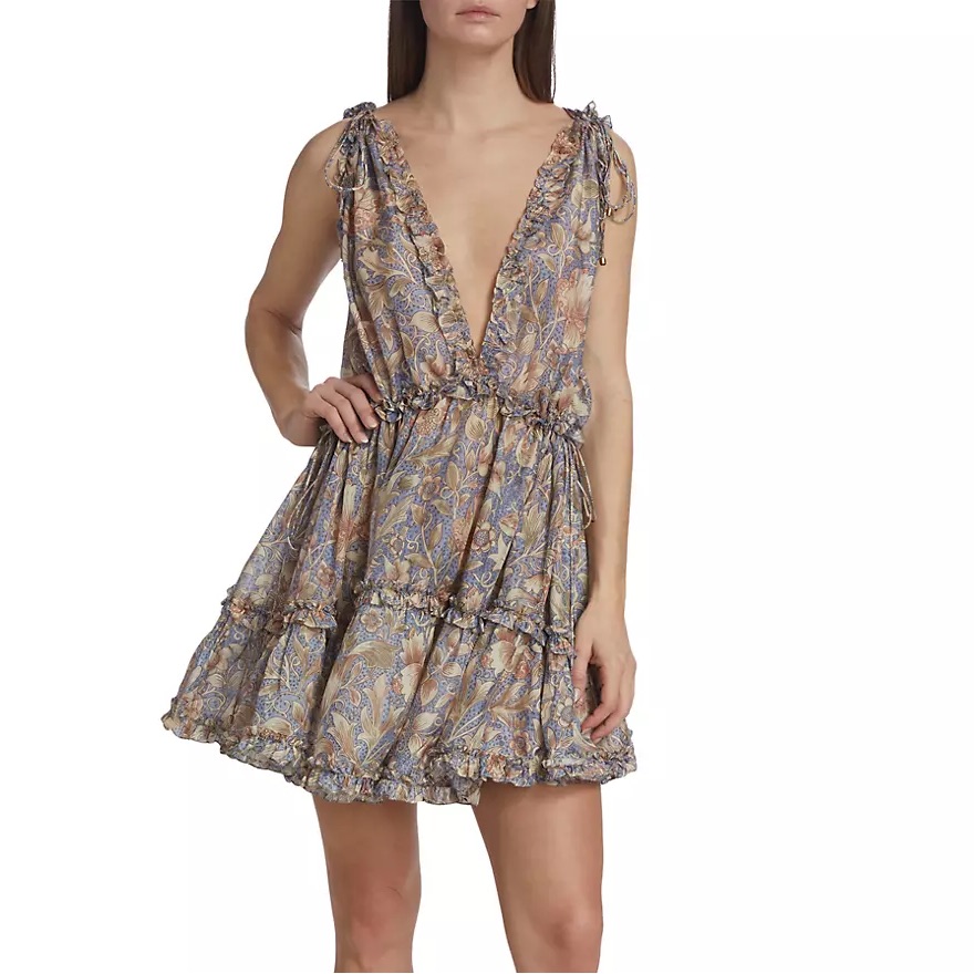 Zimmermann | Chintz Floral Silk Draw Frill Mini Dress | Dusty Blue | Au2/Us8